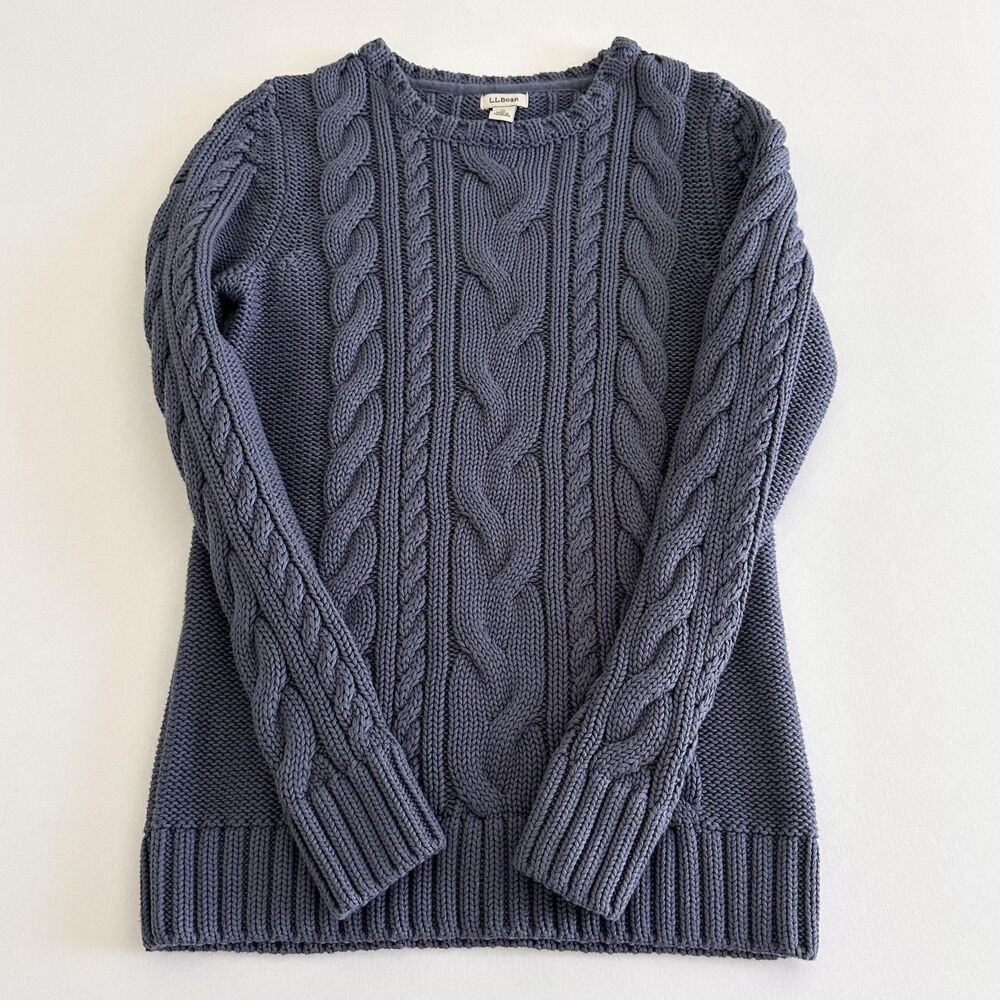 L.L. Bean Cable Knit Sweater Womens S Blue 100% Cotton Crewneck Coastal Preppy